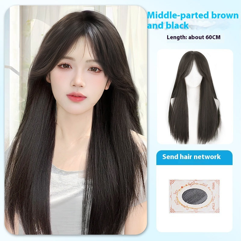 Black Long Straight Wig Female Bangs Wig Head Cover
