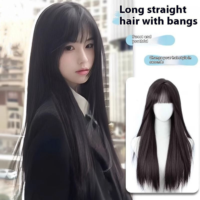 Black Long Straight Wig Female Bangs Wig Head Cover
